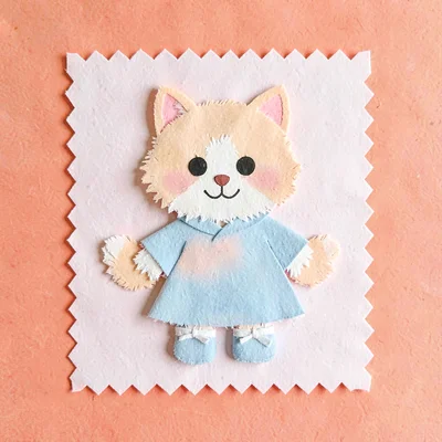 Cut-paper character of a fluffy cat in a tiny robe and slippers, cheerful coral 