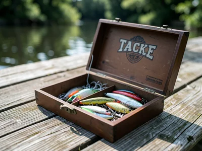 Tackle box open showing organized lures and hooks, wooden dock