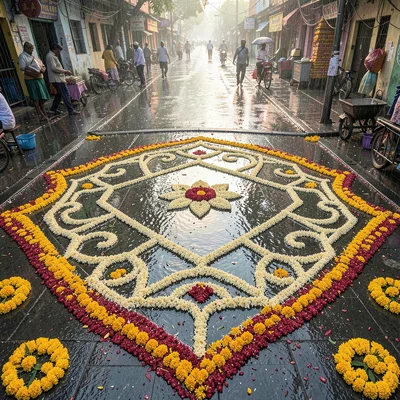 Wet kolam with flower center