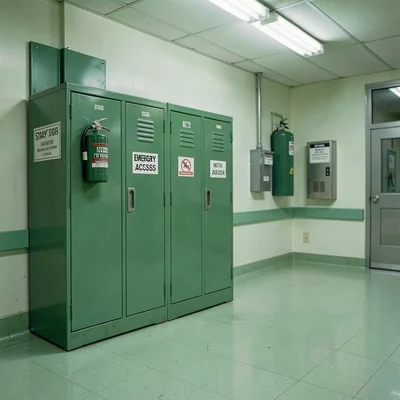 Green fire extinguisher cabinet, safety infrastructure, emergency access