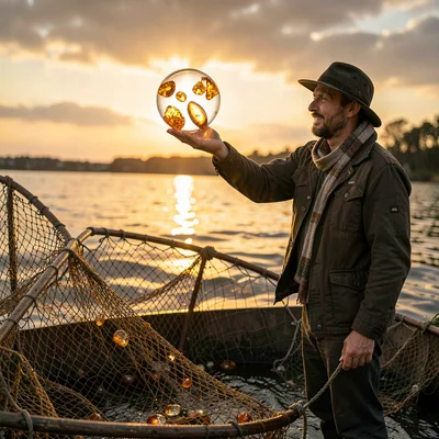 Baltic amber luminescence, backlit golden-brown, A fisherman finding amber in hi
