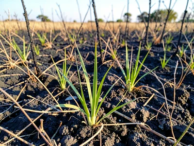 Burned grassland with new blades pushing through ash