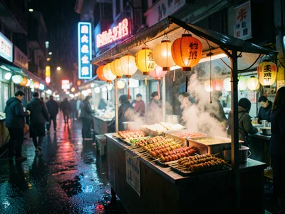 Night market food stall with steam rising, glowing lanterns, colorful skewers on