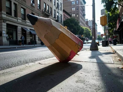 Colossal pencil stuck in sidewalk like a monument, shadow across street