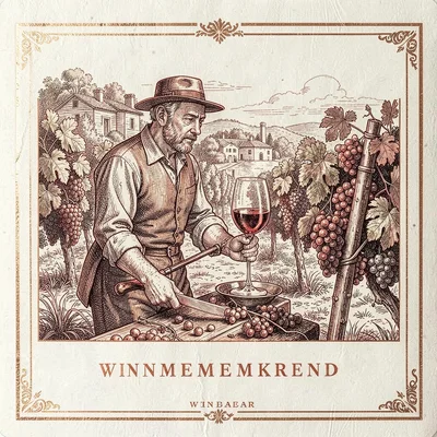 Wine label illustration, Winemaker examining grapes , elegant estate scene, vine