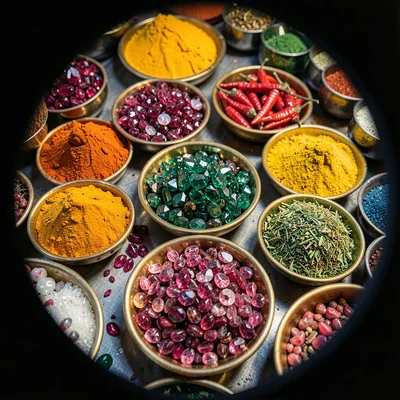 Through the Jaipur gem cutter's eye, faceted light, Spice market stall from abov