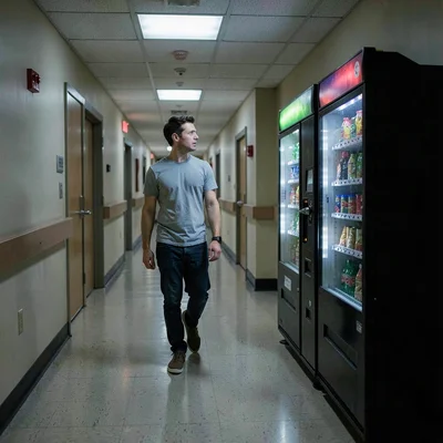 Hospital corridor at 4am, new father walking toward vending machine