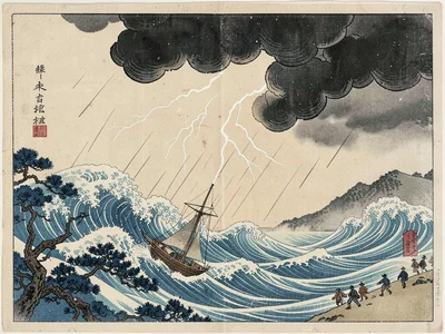 Storm at sea — waves curling, a small vessel tipped by the force, lightning in t