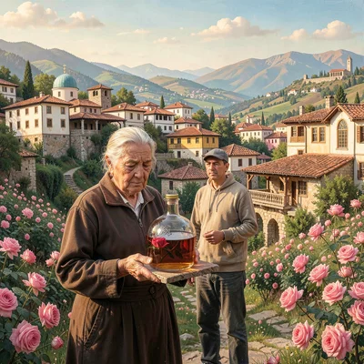 Historical layers visible simultaneously in Plovdiv, Bulgaria, elderly woman sel