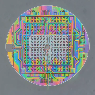 Via array connecting metal layers, regular grid of dots where vertical connectio