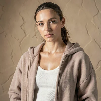 Editorial portrait of a model in soft taupe hoodie and bone tank, soft direction