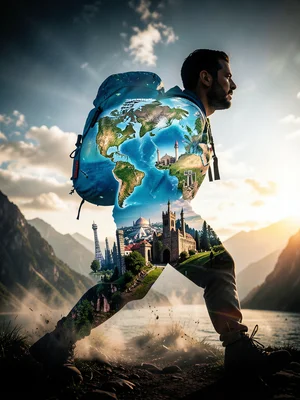 Backpacker silhouette filled with world map and landmark montage, double exposur