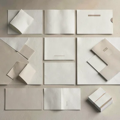 Desk-tabletop overhead view with brand collateral spread loosely across paper-te