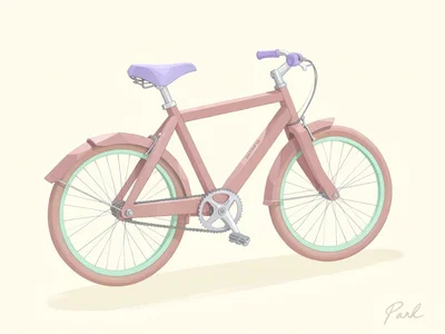 Parked dusty-pink lowpoly bicycle with mint wheels, lavender saddle, and chunky 