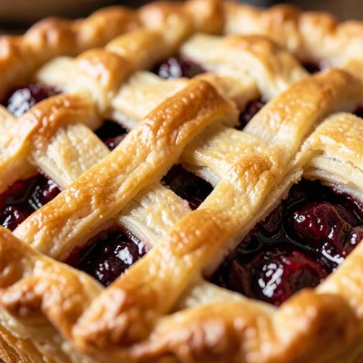 The lattice top of a cherry pie: the woven pastry strips, cherry filling bubblin