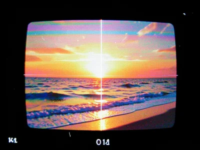 Paused VHS frame of beach sunset, scan lines through warm colors