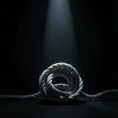 Nocturnal photo of a coiled rope under a single beam, deep black surround