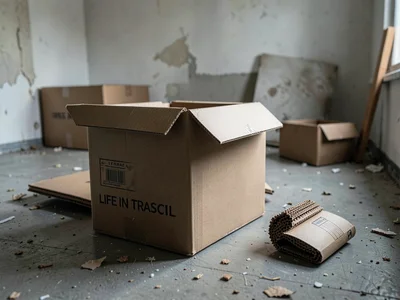 Moving boxes in empty apartment, life in transit, cardboard chapter
