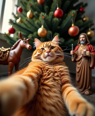 Selfie of a super fat orange cat sitting in nativi