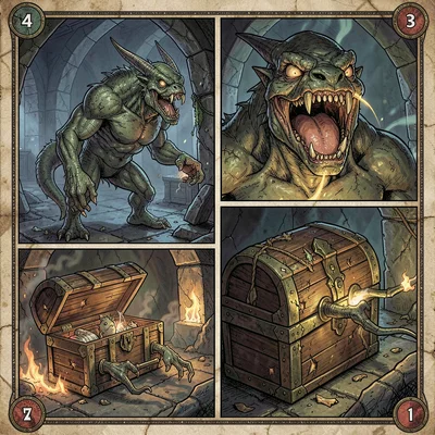 RPG sourcebook illustration, a mimic revealing its true form, treasure chest bec