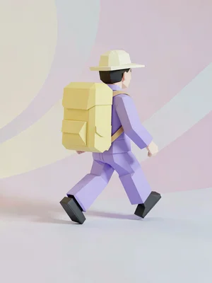 Backpacked lavender lowpoly explorer character mid-stride with chunky butter-yel