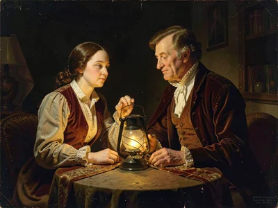 Two figures at a table, one holding a lantern — faces caught in the same warm ci