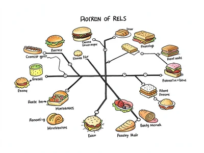 A hand-drawn subway map where each station is a different snack or meal