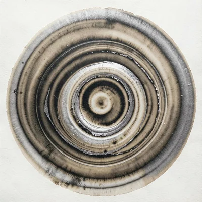 Circular resist chemigram — spiraling bands of chemical reaction in silver and s