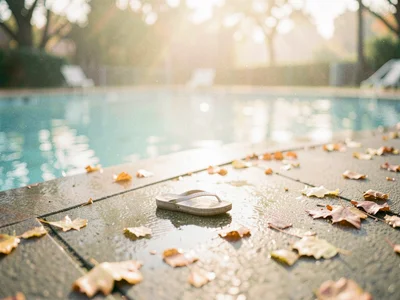 Empty public pool at season's end, a single forgotten flip-flop on wet concrete,