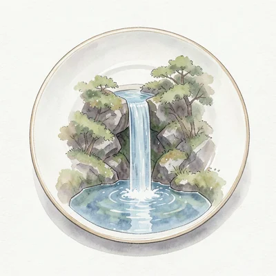 Small waterfall flowing off edge of dinner plate into miniature lake below