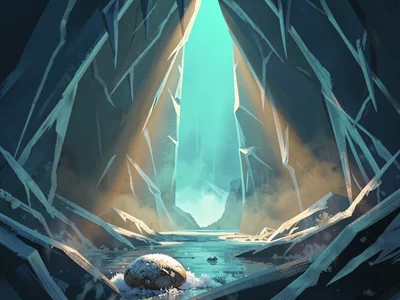 Glacial ice-cave interior pierced by a turquoise sun shaft, warm slants over coo