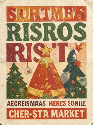 Christmas market poster in three-color riso, festive typography, warm inks