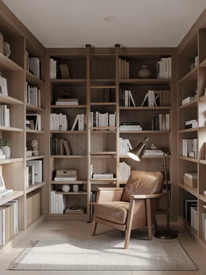 Home library with floor-to-ceiling shelves, rolling ladder, leather armchair, re
