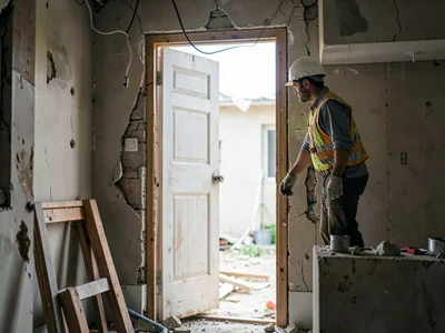 Construction worker pausing in doorframe of gutted building, hard hat, looking a
