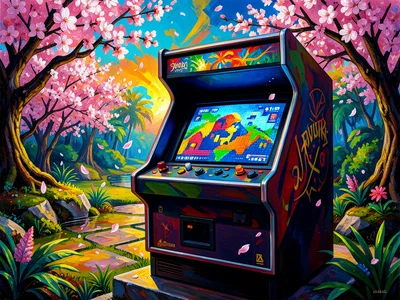 80s arcade cabinet in zen garden, cherry blossoms falling on pixel art screen