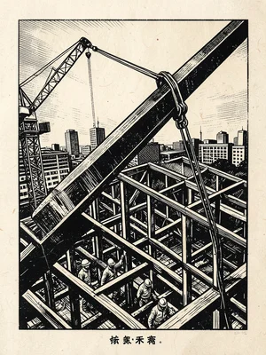 A construction crane lifting a steel beam into place on a building skeleton, wor