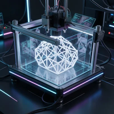 3D printer mid-print creating a geometric lattice structure in translucent filam