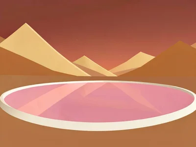 Pink salt lake reflects a copper-red dusk sky into a cream basin, ochre peaks fr