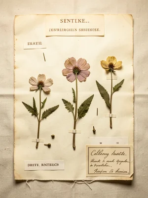 A herbarium sheet with three pressed wildflowers mounted with archival linen tap