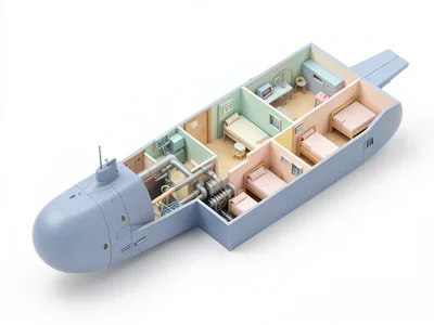 A cross-section of a submarine: torpedo room, control center, mess hall, bunks, 