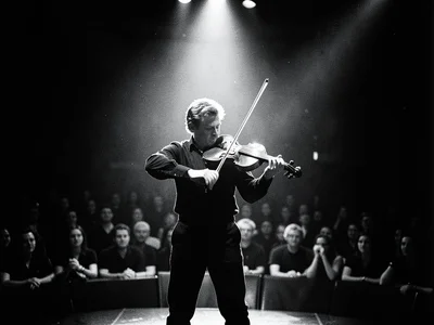 A violinist on stage, the bow mid-stroke, stage lights creating a rim-light halo