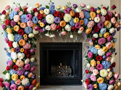A fireplace mantel completely obscured by a cascading arrangement of fresh flowe