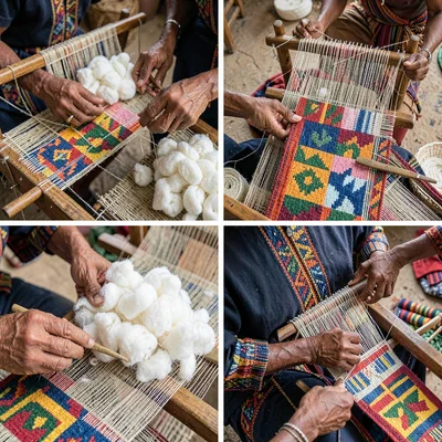 Kumasi kente weaving process, strip loom geometry, Pile of raw cotton being prep