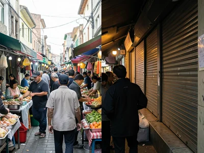 Street market, left half bustling daylight, right half closed shutters streetlig
