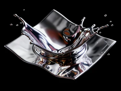 Chrome wave in zero gravity, free-floating liquid metal sheet rippling with refl