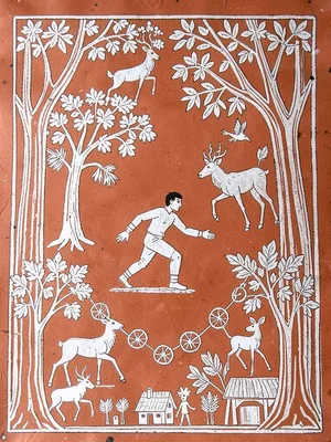 Hunter moving through forest — deer, birds, and trees surrounding central figure