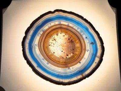 Agate slice with banding in blue and white, translucent layers glowing when lit 