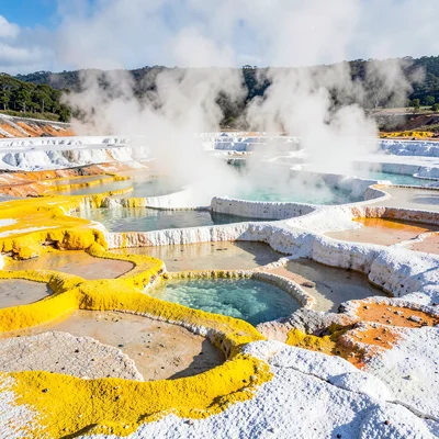 Rotorua geothermal landscape, active earth palette, Silica terraces with mineral