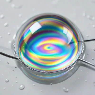 Single soap bubble on a wet surface, hemisphere shape with reflection below crea