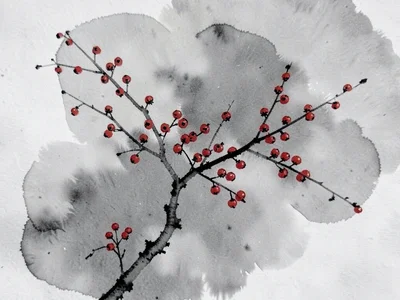 Mountain ash berries as red dots on gray